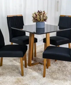 Mesa de Jantar Pedro Mel Vidro Preto 90×90 4 Cadeiras Lisboa Veludo Preto Madeira Maciça Art Assento