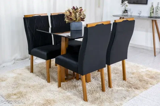 Mesa de Jantar Pedro Mel Vidro Preto 90×90 4 Cadeiras Lisboa Veludo Preto Madeira Maciça Art Assento - Imagem 3