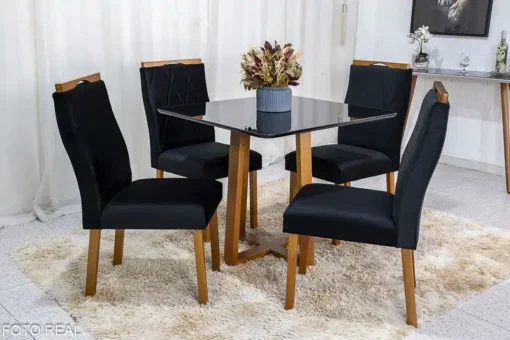 Mesa de Jantar Pedro Mel Vidro Preto 90×90 4 Cadeiras Lisboa Veludo Preto Madeira Maciça Art Assento