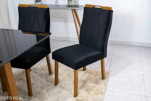Mesa de Jantar Pedro Mel Vidro Preto 90×90 4 Cadeiras Lisboa Veludo Preto Madeira Maciça Art Assento - Imagem 4