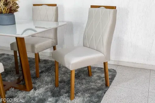 Mesa de Jantar Pedro Mel Vidro Off 120×80 4 Cadeiras Lisboa Veludo Bege Madeira Maciça Art Assento - Imagem 4