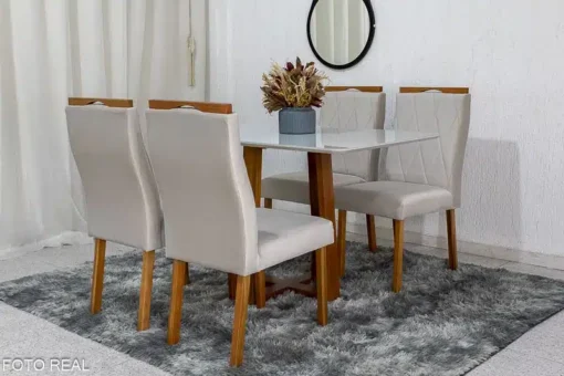 Mesa de Jantar Pedro Mel Vidro Off 120×80 4 Cadeiras Lisboa Veludo Bege Madeira Maciça Art Assento - Imagem 3