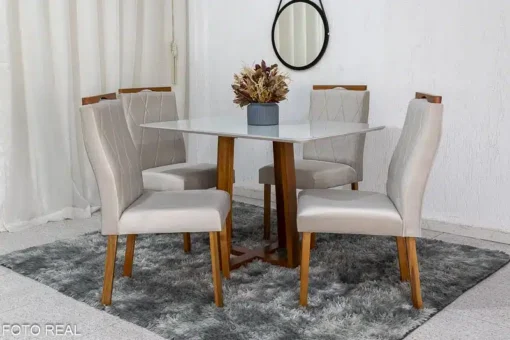 Mesa de Jantar Pedro Mel Vidro Off 120×80 4 Cadeiras Lisboa Veludo Bege Madeira Maciça Art Assento