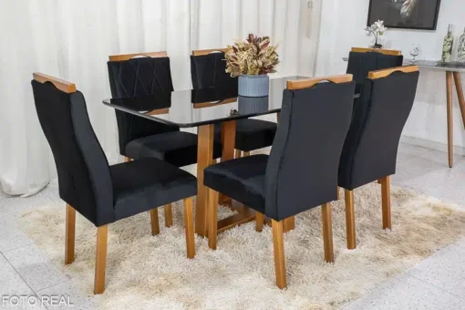 Mesa de Jantar Pedro Mel Vidro Preto 160×80 6 Cadeiras Lisboa Veludo Preto 504 Madeira Maciça Art Assento - Imagem 3