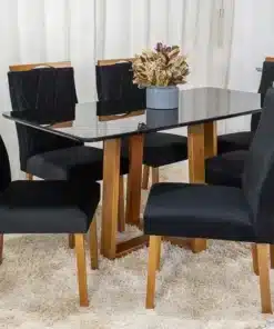 Mesa de Jantar Pedro Mel Vidro Preto 160×80 6 Cadeiras Lisboa Veludo Preto 504 Madeira Maciça Art Assento