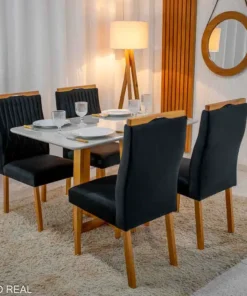 Mesa Pedro Mel Vidro OFF 120×80 4 Cadeiras Genova Veludo Preto Madeira Maciça Art Assento