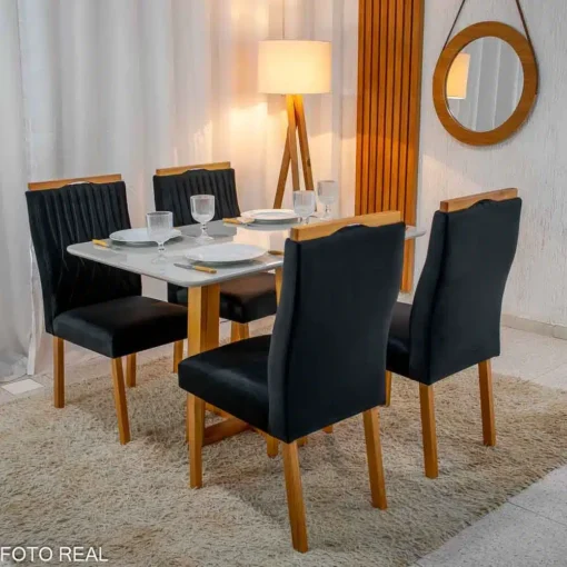Mesa Pedro Mel Vidro OFF 120×80 4 Cadeiras Genova Veludo Preto Madeira Maciça Art Assento