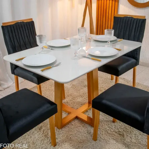 Mesa Pedro Mel Vidro OFF 120×80 4 Cadeiras Genova Veludo Preto Madeira Maciça Art Assento - Imagem 3