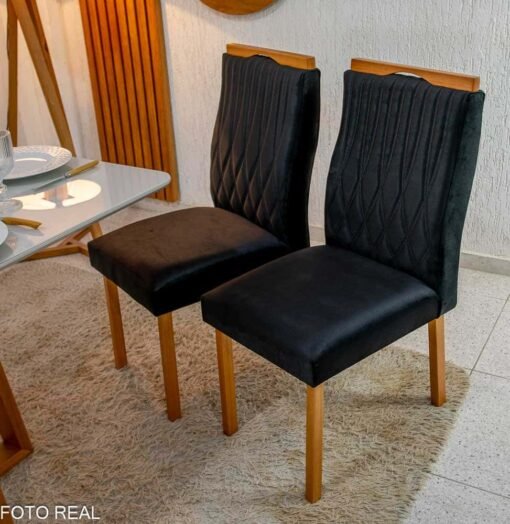 Mesa Pedro Mel Vidro OFF 120×80 4 Cadeiras Genova Veludo Preto Madeira Maciça Art Assento - Imagem 4