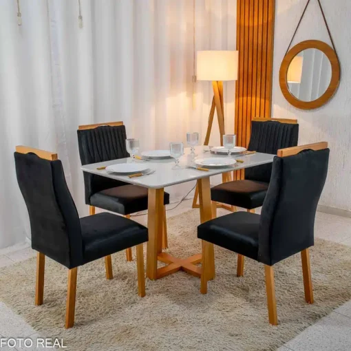 Mesa Pedro Mel Vidro OFF 120×80 4 Cadeiras Genova Veludo Preto Madeira Maciça Art Assento - Imagem 2