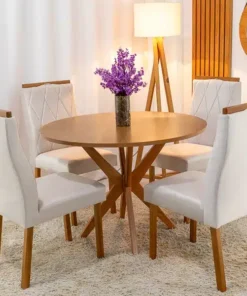 Mesa de Jantar Simpatia Tampo Redondo 108×108 Cinamomo 4 Cad. Lisboa Veludo Bege Madeira Maciça