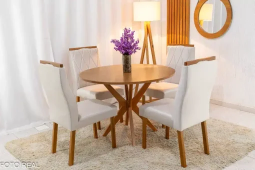 Mesa de Jantar Simpatia Tampo Redondo 108×108 Cinamomo 4 Cad. Lisboa Veludo Bege Madeira Maciça