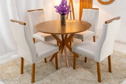 Mesa de Jantar Simpatia Tampo Redondo 108×108 Cinamomo 4 Cad. Lisboa Veludo Bege Madeira Maciça - Imagem 2