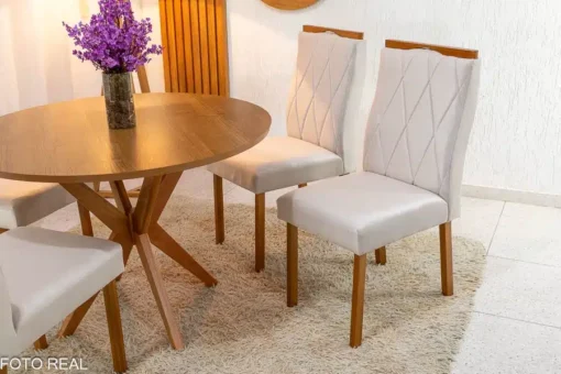 Mesa de Jantar Simpatia Tampo Redondo 108×108 Cinamomo 4 Cad. Lisboa Veludo Bege Madeira Maciça - Imagem 4