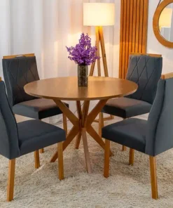 Mesa de Jantar Simpatia Tampo Redondo 108×108 Cinamomo 4 Cad. Lisboa Veludo Cinza Madeira Maciça