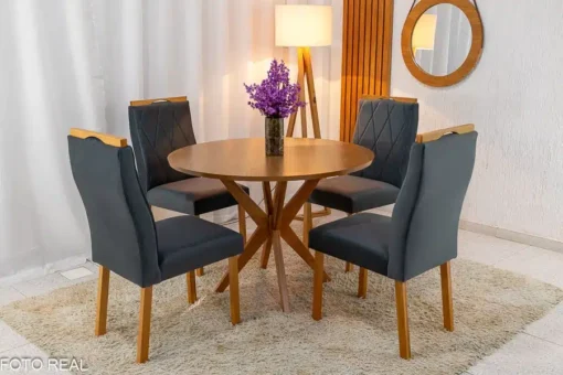 Mesa de Jantar Simpatia Tampo Redondo 108×108 Cinamomo 4 Cad. Lisboa Veludo Cinza Madeira Maciça
