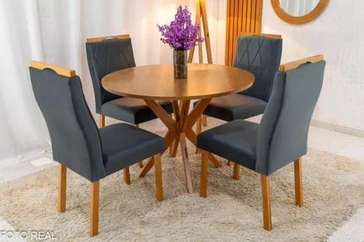 Mesa de Jantar Simpatia Tampo Redondo 108×108 Cinamomo 4 Cad. Lisboa Veludo Cinza Madeira Maciça - Imagem 2