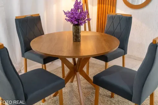 Mesa de Jantar Simpatia Tampo Redondo 108×108 Cinamomo 4 Cad. Lisboa Veludo Cinza Madeira Maciça - Imagem 3