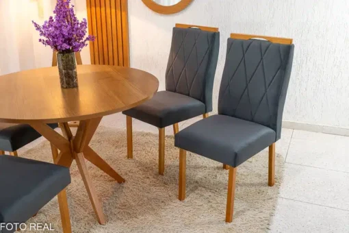 Mesa de Jantar Simpatia Tampo Redondo 108×108 Cinamomo 4 Cad. Lisboa Veludo Cinza Madeira Maciça - Imagem 4