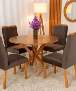 Mesa de Jantar Simpatia Tampo Redondo 108×108 Cinamomo 4 Cad. Lisboa Veludo Marrom Madeira Maciça