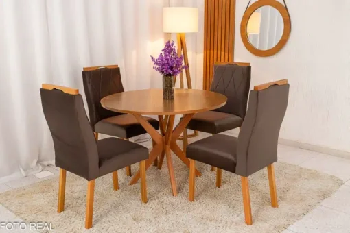 Mesa de Jantar Simpatia Tampo Redondo 108×108 Cinamomo 4 Cad. Lisboa Veludo Marrom Madeira Maciça