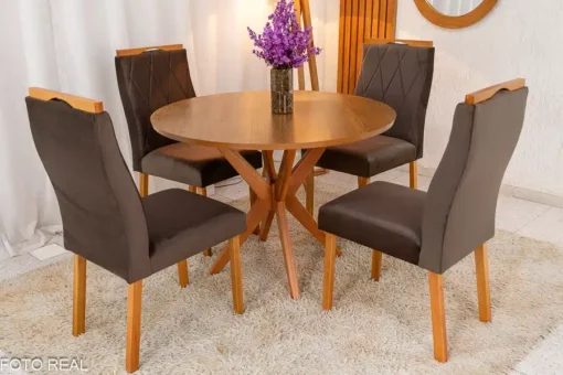 Mesa de Jantar Simpatia Tampo Redondo 108×108 Cinamomo 4 Cad. Lisboa Veludo Marrom Madeira Maciça - Imagem 2