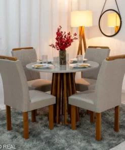 Mesa Jantar Berlim Tampo Vidro Off Redondo 100×100 4 Cadeiras Linho Bege Cel Móveis