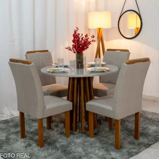 Mesa Jantar Berlim Tampo Vidro Off Redondo 100×100 4 Cadeiras Linho Bege Cel Móveis