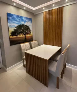 Mesa Jantar Cancun 120×90 4 Cadeiras Linho Bege Cel Móveis