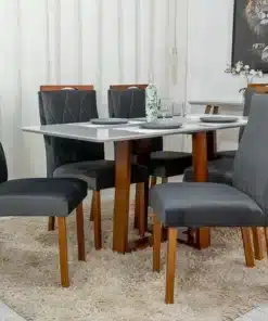 Mesa de Jantar Pedro Mel Vidro Off 160×80 6 Cadeiras Lisboa Veludo Cinza 507 Madeira Maciça Art Assento