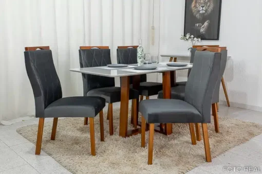 Mesa de Jantar Pedro Mel Vidro Off 160×80 6 Cadeiras Lisboa Veludo Cinza 507 Madeira Maciça Art Assento