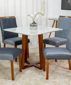 Mesa de Jantar Pedro Mel Vidro Off 90×90 4 Cadeiras Lisboa Veludo Cinza Madeira Maciça Art Assento