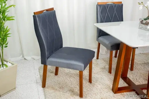 Mesa de Jantar Pedro Mel Vidro Off 90×90 4 Cadeiras Lisboa Veludo Cinza Madeira Maciça Art Assento - Imagem 3