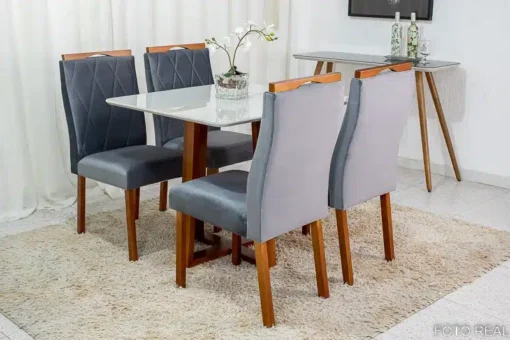 Mesa de Jantar Pedro Mel Vidro Off 90×90 4 Cadeiras Lisboa Veludo Cinza Madeira Maciça Art Assento - Imagem 2