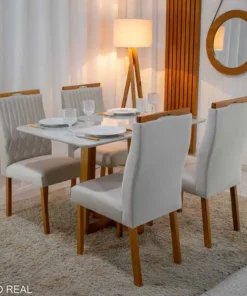 Mesa Pedro Mel Vidro OFF 120×80 4 Cadeiras Genova Veludo Bege Madeira Maciça Art Assento