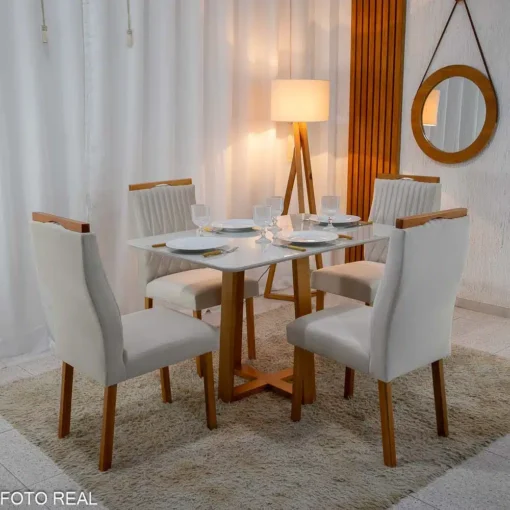 Mesa Pedro Mel Vidro OFF 120×80 4 Cadeiras Genova Veludo Bege Madeira Maciça Art Assento - Imagem 2