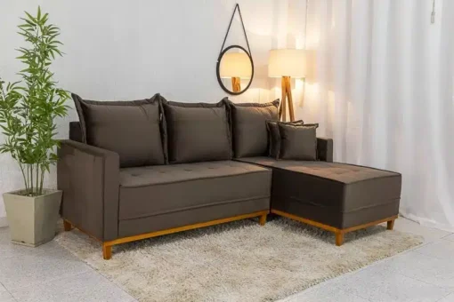 Sofá 3 Lug. Milão C/Chaise Lado Direito Veludo Marrom Larg. 2.30m – Molas Ensacadas