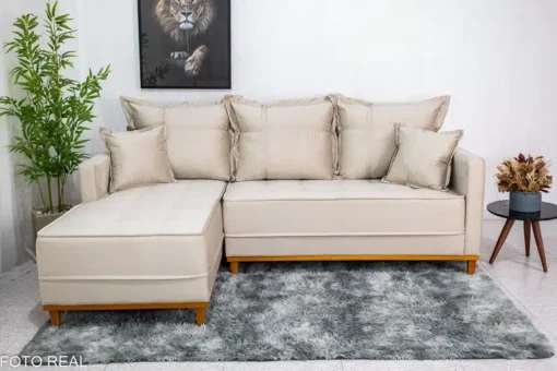 Sofá 3 Lug. Milão C/Chaise Lado Direito Veludo Bege Larg. 2.30m - Molas Ensacadas - Imagem 2