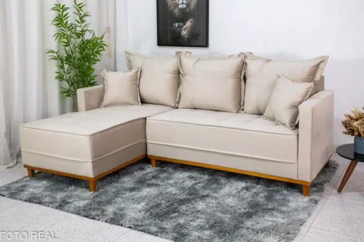 Sofá 3 Lug. Milão C/Chaise Lado Direito Veludo Bege Larg. 2.30m - Molas Ensacadas