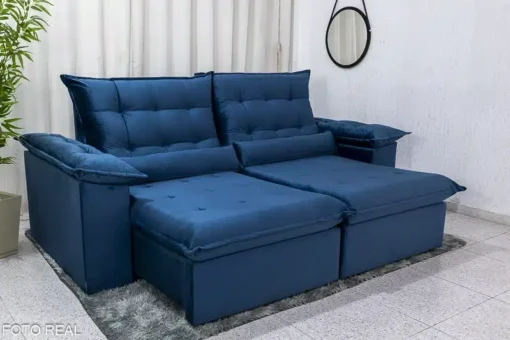 Sofá Retrátil Reclinável Emanuelly 2.00m Veludo Azul - D28 Soft - Imagem 2