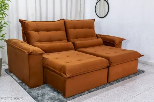 Sofá Retrátil Reclinável Emanuelly 2.00m Veludo Terracota - D28 Soft e Molas bonnel