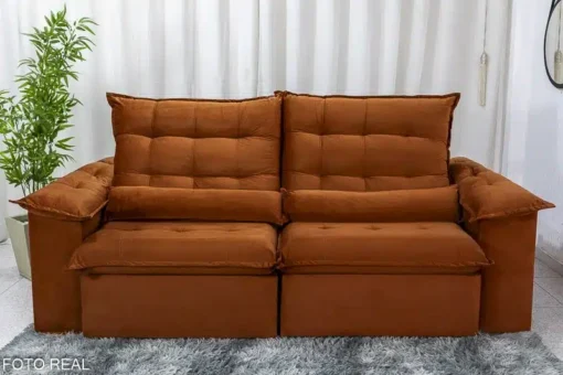 Sofá Retrátil Reclinável Emanuelly 2.00m Veludo Terracota - D28 Soft e Molas bonnel - Imagem 5