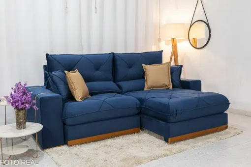 Sofá Retrátil Reclinável Gran Bello 2.30m Veludo Azul - D33 e Molas Ensacadas