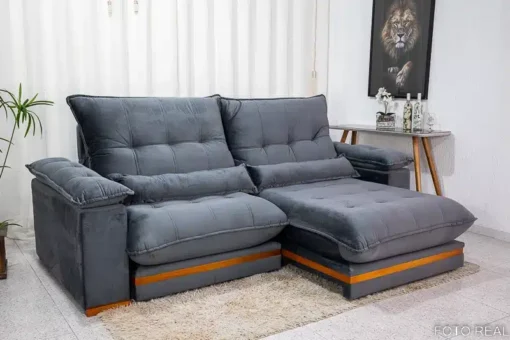 Sofá Retrátil Reclinável Ibiza Deluxe 2.50m Veludo Cinza – D33 e Molas Ensacadas