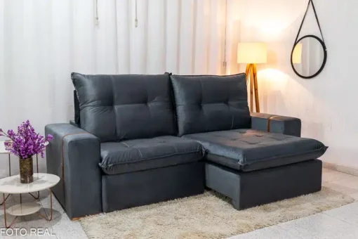 Sofá Retrátil Reclinável 2.50m Santiago Veludo Cinza - Molas Ensacadas - Imagem 2