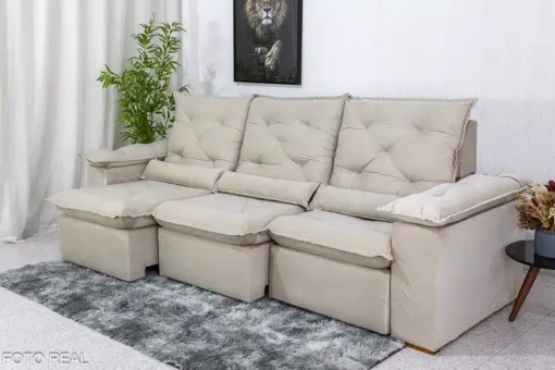 Sofá Retrátil Reclinável Roma 2.70m Veludo Bege – D28 Soft - Imagem 2