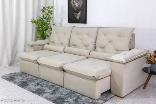 Sofá Retrátil Reclinável Roma 2.70m Veludo Bege – D28 Soft