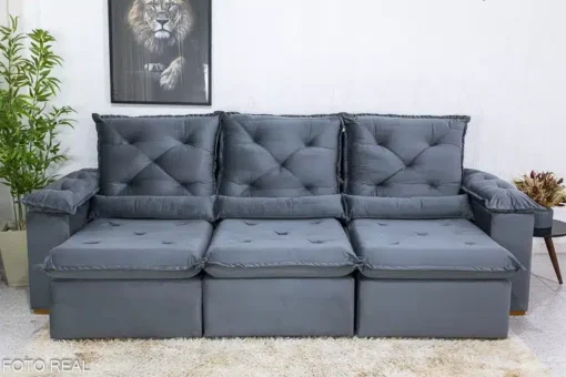 Sofá Retrátil Reclinável Roma 2.70m Veludo Cinza - D28 Soft