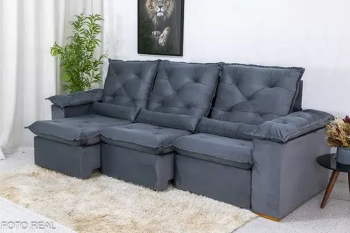 Sofá Retrátil Reclinável Roma 2.70m Veludo Cinza - D28 Soft - Imagem 5