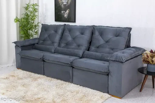 Sofá Retrátil Reclinável Roma 2.70m Veludo Cinza - D28 Soft - Imagem 4
